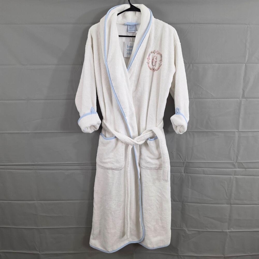 Weezie Towels Robe Small White Terry Cotton Kimono Belted Blue Trim Monogram G